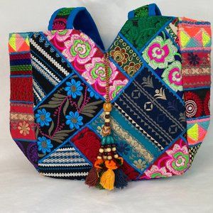 Bright Multicolor Patchwork Zipper Closure Tote Bag Drop Fixed Strap & Tassel